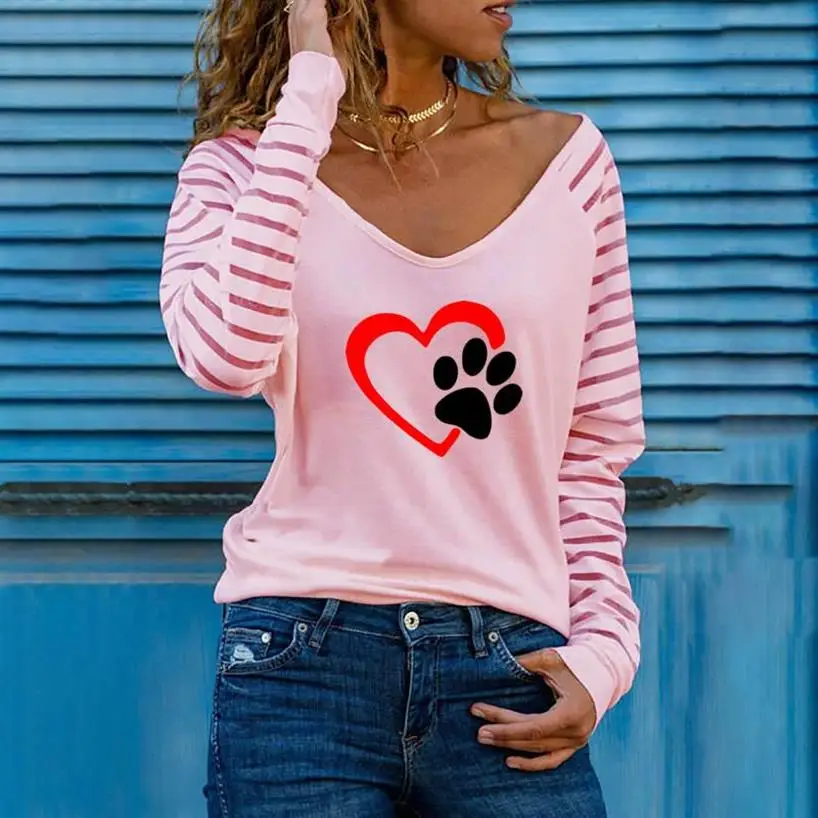 

Casual Women Dog Paw Heart Blouses Shirts Elegant Hollow Out Halter Pullover Tops Sexy Striped Patchwork Long Sleeve Blusas