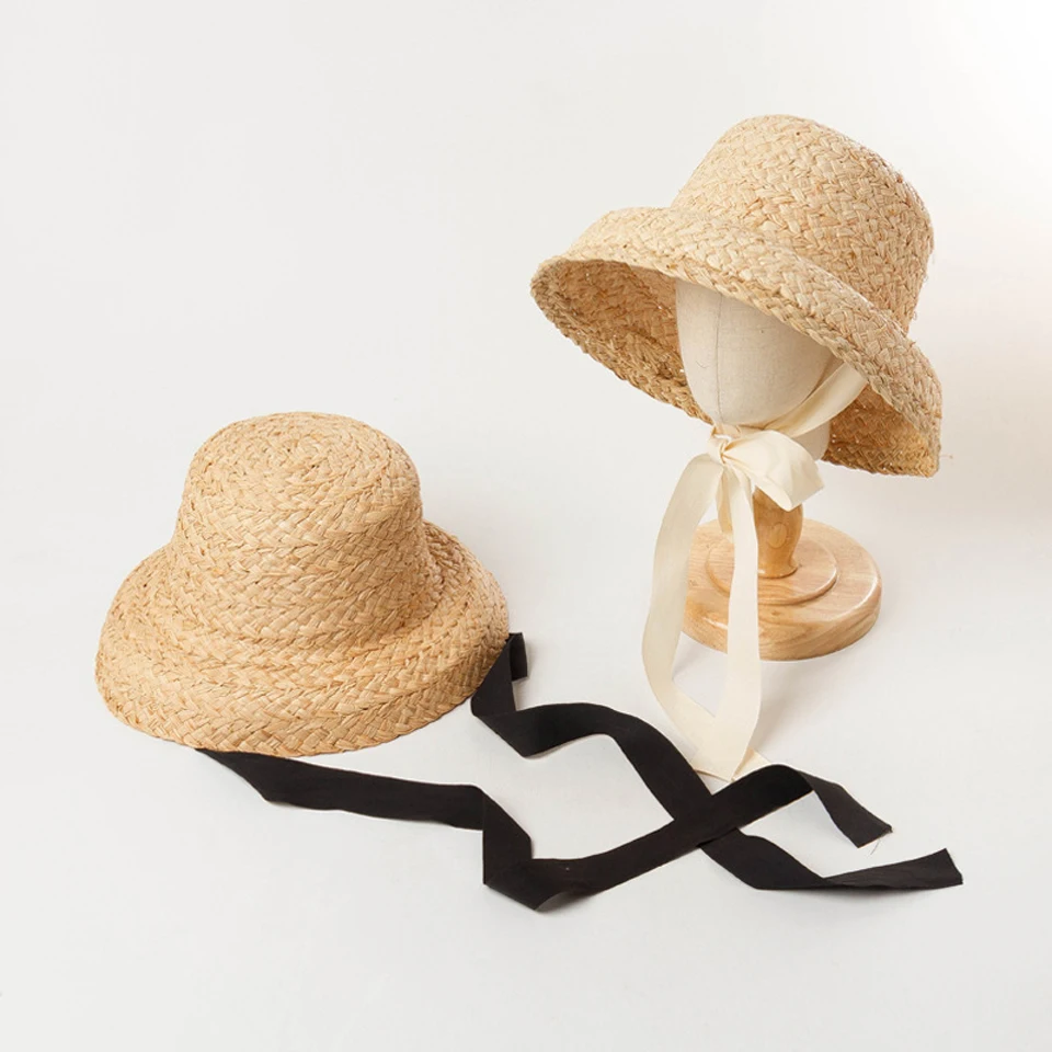 

Kid's Hand-made Raffia Straw Hat Retro Flat Top Fold Down Brim Children's Straw Hats Boys Girls Travel Vacation Raffia Sun Cap