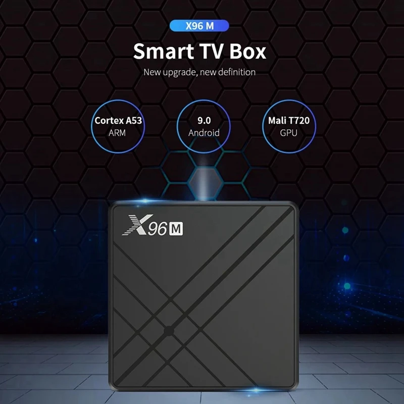 X96M Smart TV Box Android 9.0 Allwinner H603 Cortex-A53 Quad Core 64 Bit 2GB RAM/16GB ROM 2.4G WiFi Support TF Card 6K HD Media
X96M Smart TV Box Android 9.0 Allwinner H603 Cortex-A53 Quad Core 64 Bit 2GB RAM/16GB ROM 2.4G WiFi Support TF Card 6K HD Media
