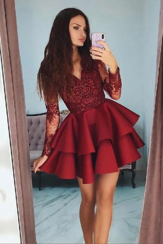 Elegant Short Lace V-Neck Homecoming Dresses Burgundy Long Sleeve Zipper Back Knee Length Abendkleid Robes de Soirée for Women
Elegant Short Lace V-Neck Homecoming Dresses Burgundy Long Sleeve Zipper Back Knee Length Abendkleid Robes de Soirée for Women