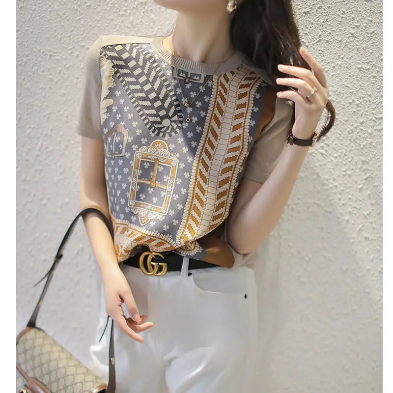 Summer Printing Knitting Top Women T-Shirt Short Sleeve All Matched Pullover Elegance Ladies Clothe 
Summer Printing Knitting Top Women T-Shirt Short Sleeve All Matched Pullover Elegance Ladies Clothe