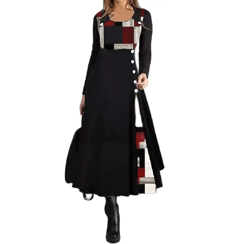 

Blended Color-Blocking Button O-Neck Long-Sleeve Dress For Autumn New Splice Irregular Printed Mid Dress Female Clothes Vestidos
