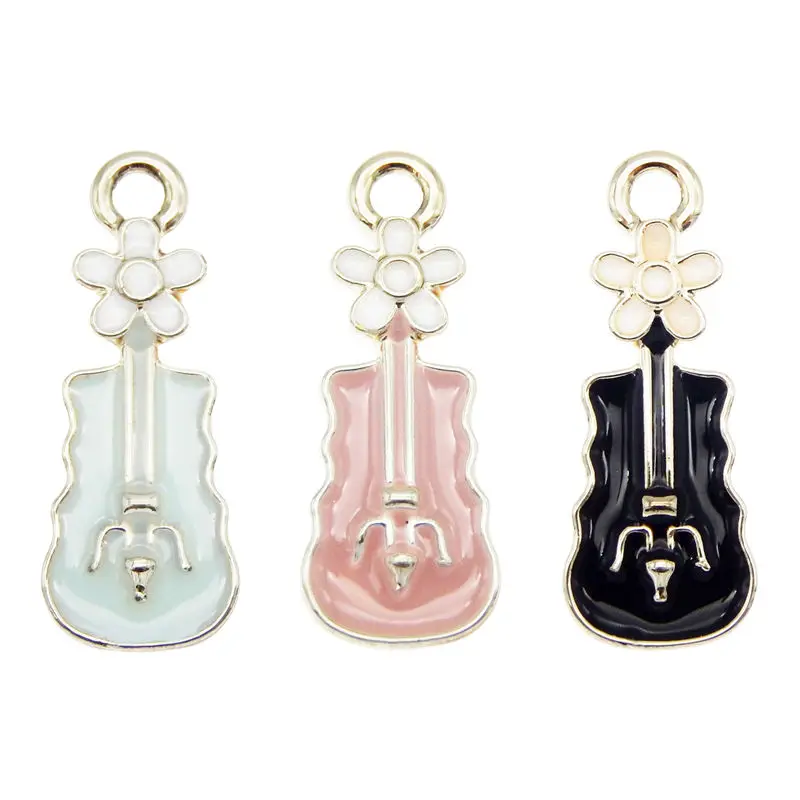 Julie Wang 6PCS Enamel Flower Violin Charms Black Blue Pink Cartoon Music Instrument Pendants Alloy Jewelry Making Accessory | Украшения и