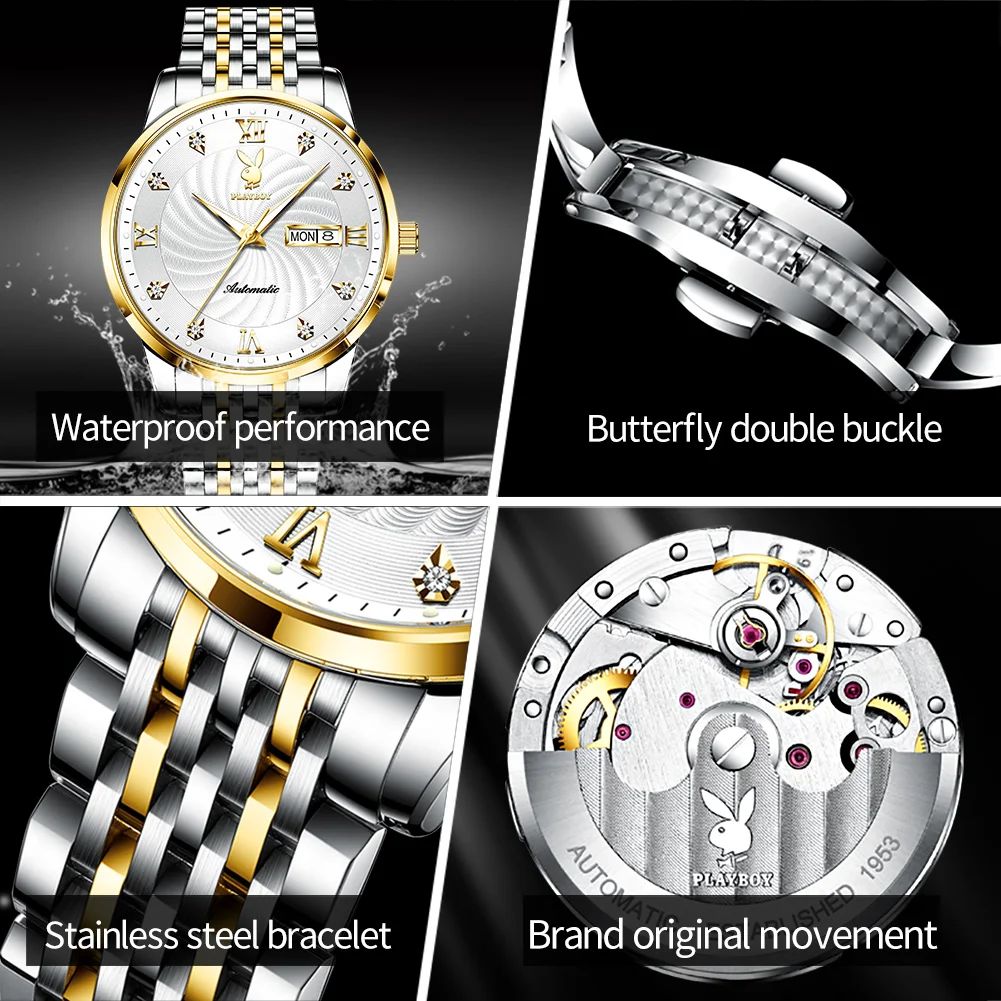 Playboy Men Mechanical Watch Luxury Automatic Watch Sport Stainless Steel Luminous Waterproof Wristwatch Men relogio masculino
Playboy Men Mechanical Watch Luxury Automatic Watch Sport Stainless Steel Luminous Waterproof Wristwatch Men relogio masculino