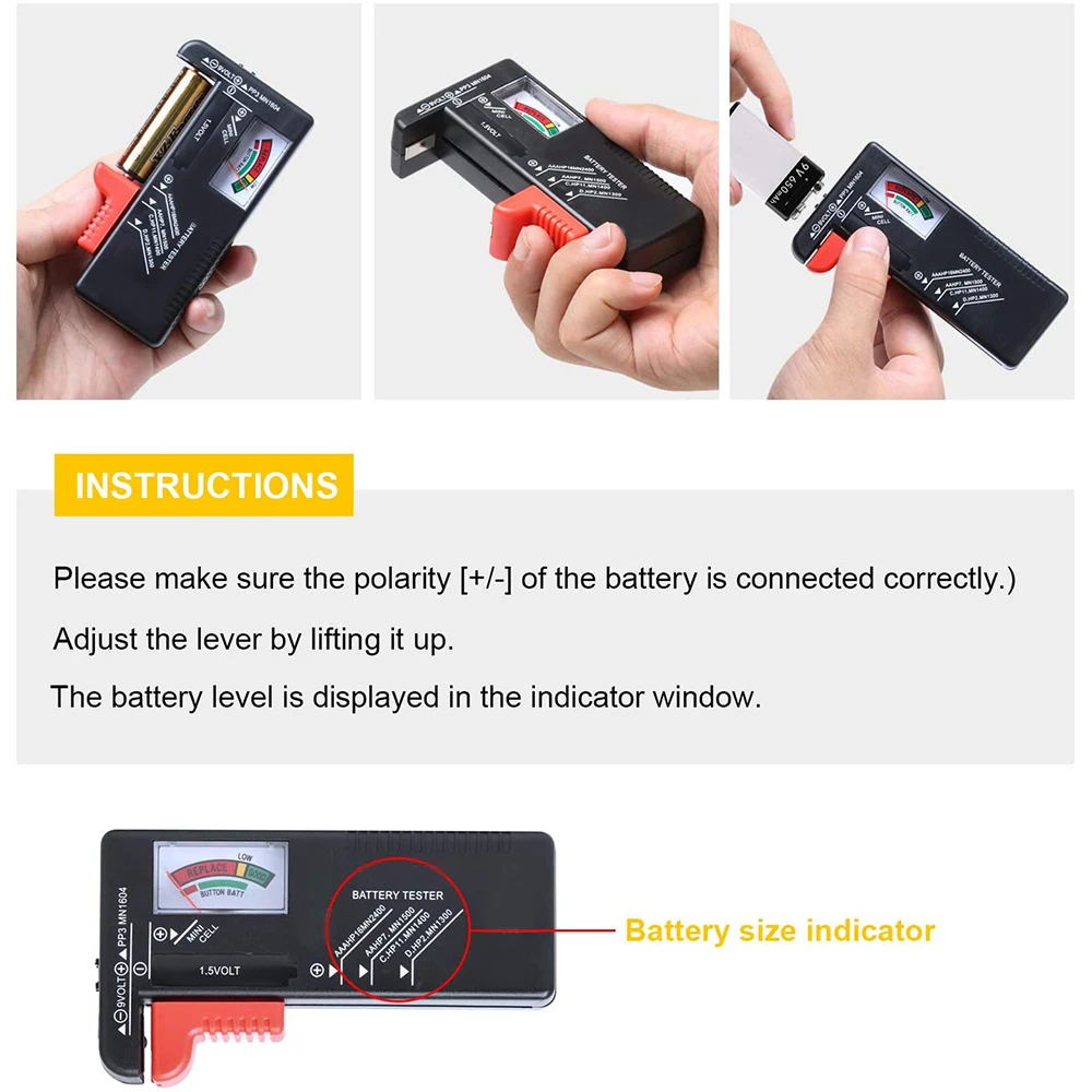 Universal Battery Tester Monitor for AA/AAA/C/D/9V/1.5V Button Cell Batteries Household Battery Life Level Testers Power Meter
Universal Battery Tester Monitor for AA/AAA/C/D/9V/1.5V Button Cell Batteries Household Battery Life Level Testers Power Meter