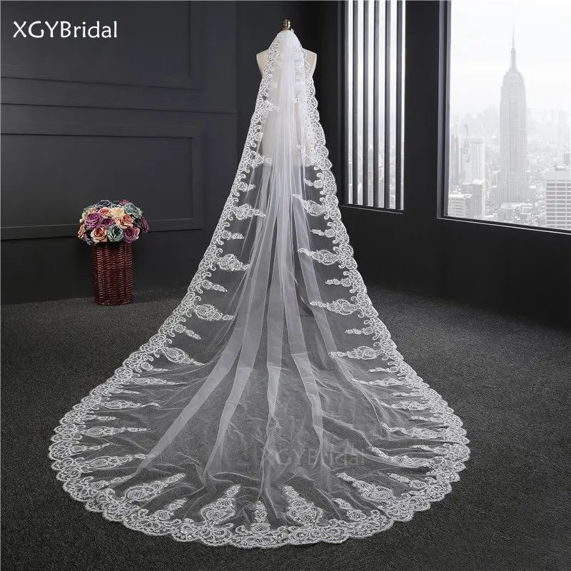 

Lace Appliques Wedding Veil Elegant Sequins Bridal Veils 3.5 Meter Mariage Veus de Noiva Trouwen Cheap Velo Brasil Estoque