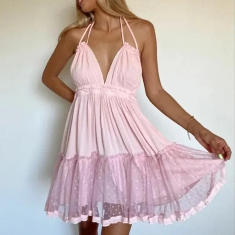 Women Dress Summer 2021 New Mesh Stitching V Collar Backless Dress Lace-up Halter Party Dress Chic Vestido Feminino Donsignet
Women Dress Summer 2021 New Mesh Stitching V Collar Backless Dress Lace-up Halter Party Dress Chic Vestido Feminino Donsignet