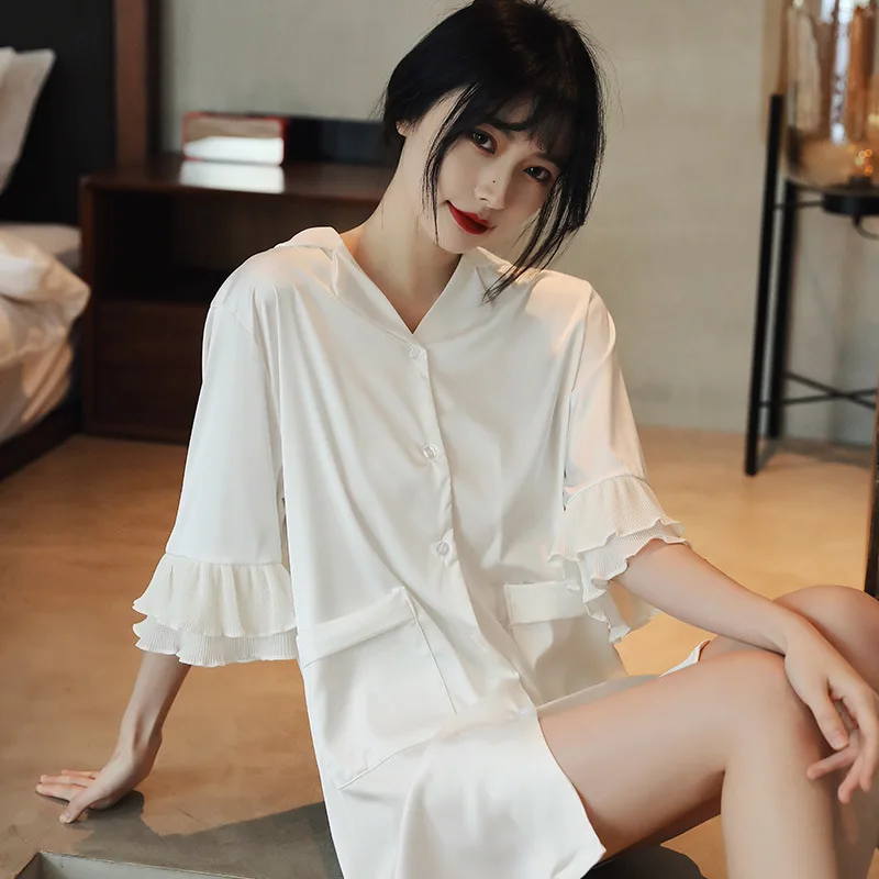 Satin Summer New Home Clothing Flare Sleeve Nightgown White Women Sleepshirt Intimate Lingerie Sexy Nightdress Casual Nightwear
Satin Summer New Home Clothing Flare Sleeve Nightgown White Women Sleepshirt Intimate Lingerie Sexy Nightdress Casual Nightwear