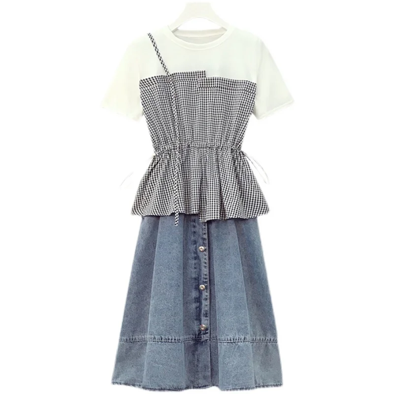 L-4XL plus size women plaid set fashion short sleeve o neck casual plaid shirt + Elastic waist denim skirt female sets suit
L-4XL plus size women plaid set fashion short sleeve o neck casual plaid shirt + Elastic waist denim skirt female sets suit
