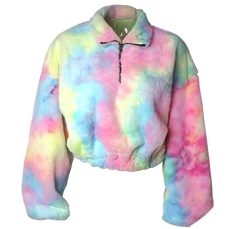 Casual Winter Women Clothes Long Sleeve Hairy Sweatshirt Short Europe America Sexy Harajuku Tie Dye Rainbow Hoodies Femme 2021
Casual Winter Women Clothes Long Sleeve Hairy Sweatshirt Short Europe America Sexy Harajuku Tie Dye Rainbow Hoodies Femme 2021