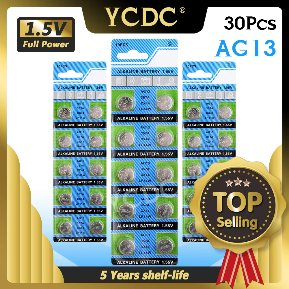 

YCDC 30pcs 1.5V AG13 Button Cell Battery A76 G13A LR44 LR1154 357A SR44 Alkaline Coin Batteries For Watch Calculator Clocks Toys
