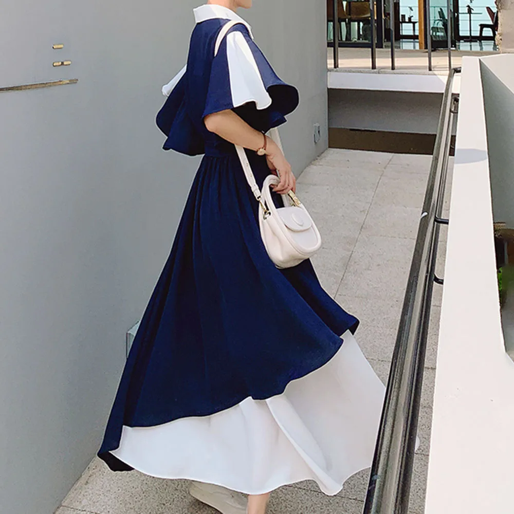 Vintage Dress Summer 2021 New Women's Fashion High Waist Color Contrast Splicing Lapel Short Sleeve Temperament Japanese Style 
Vintage Dress Summer 2021 New Women's Fashion High Waist Color Contrast Splicing Lapel Short Sleeve Temperament Japanese Style