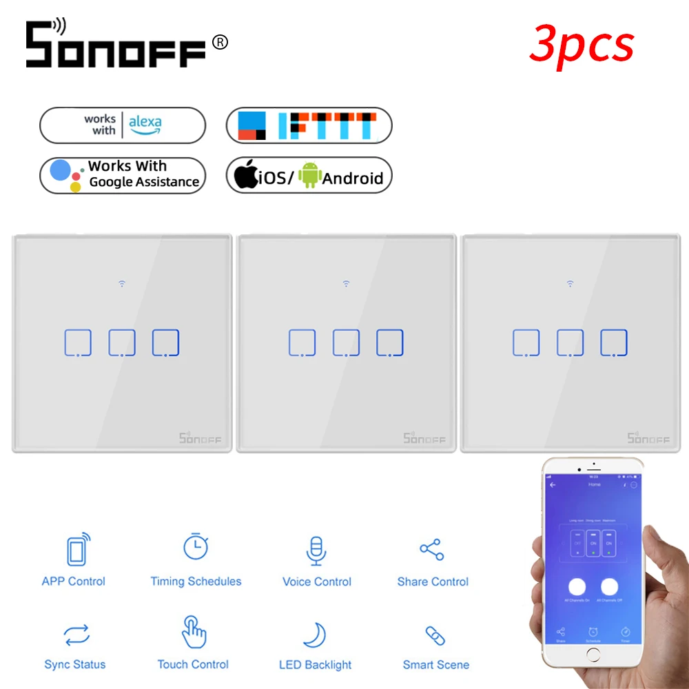 

1-3PCS SONOFF T2EU 1C/2C/3C TX Smart Wifi Light Touch Switch Wall Smart Switch 433 RF Remote Control Works with Alexa Smart Home