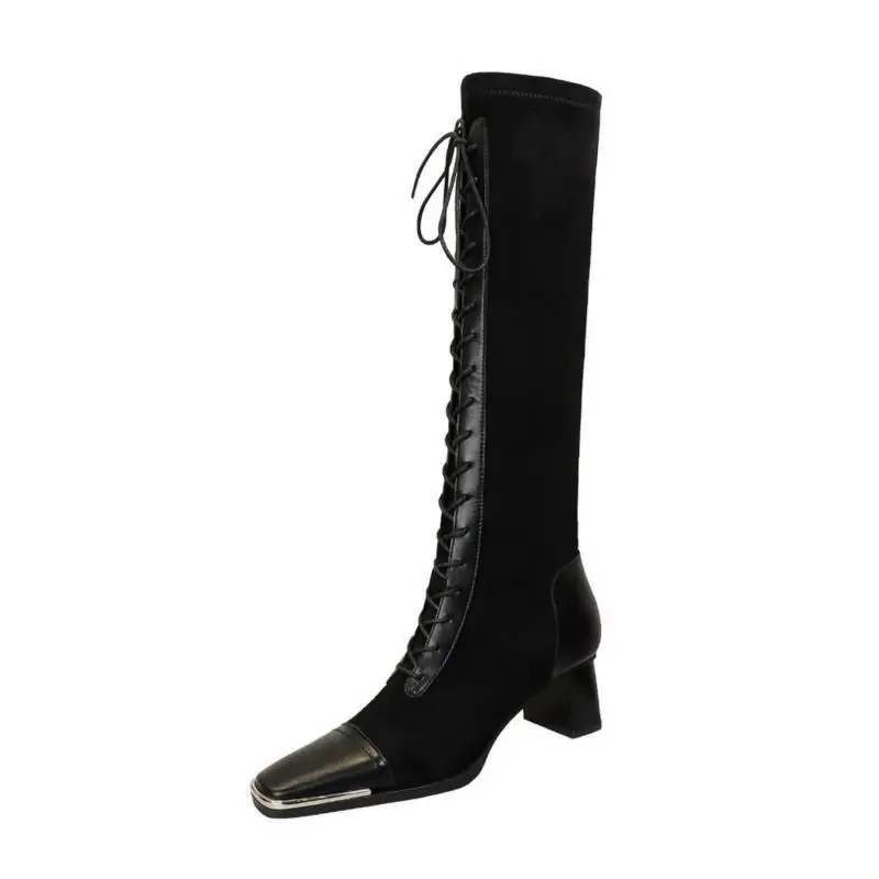 European and American Fashion Thick-heel High-heel Metal Square-toe Suede Splicing Cross Straps with High Boots
European and American Fashion Thick-heel High-heel Metal Square-toe Suede Splicing Cross Straps with High Boots
