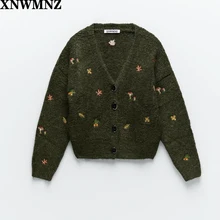 XNWMNZ women Vintage knit cardigan with embroidery Long sleeves V-neck ribbed trims Cardigan Female Elegant sweater Outerwear