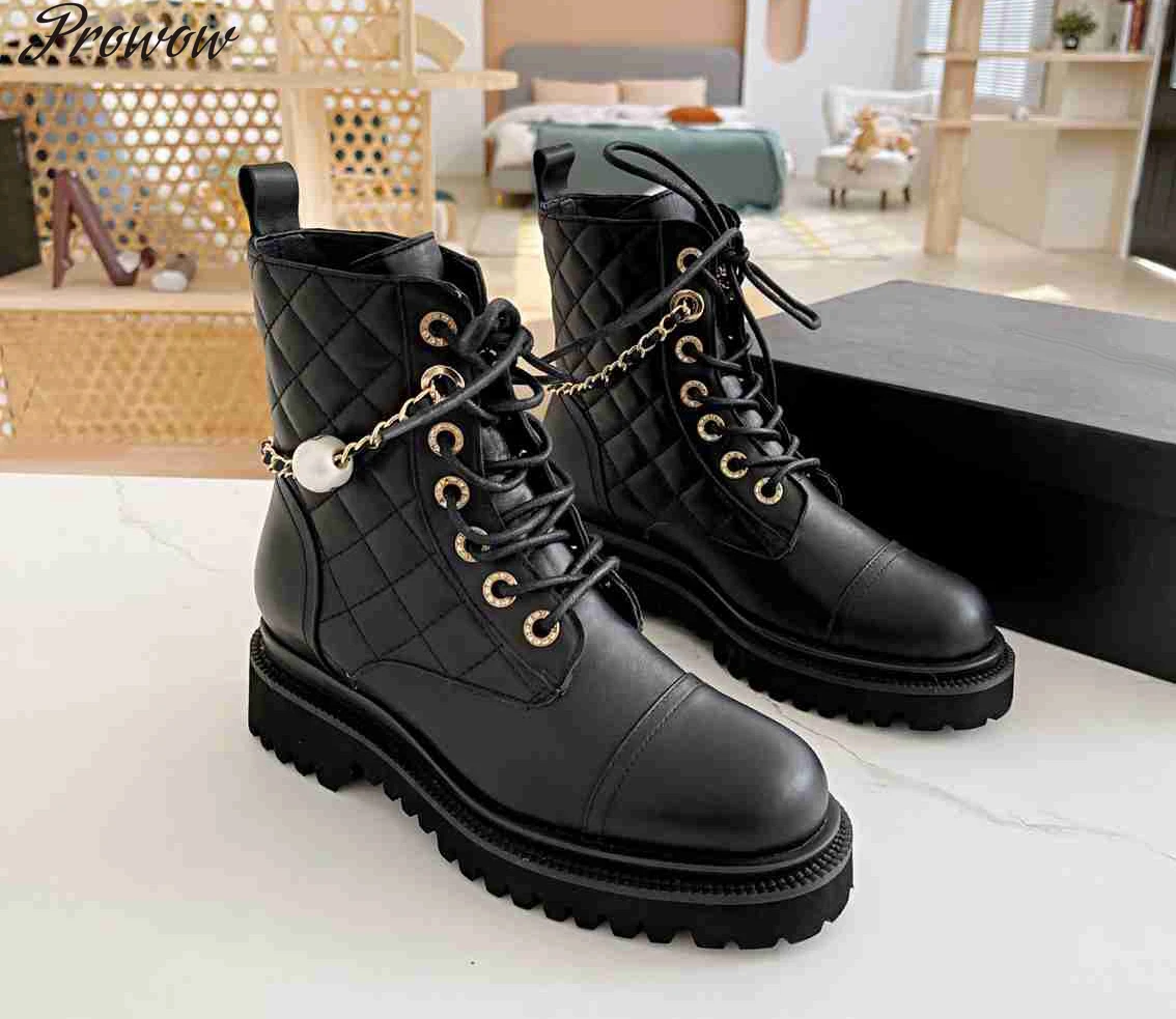 

Prowow Round Toe Solid Color Modern Boots Famous Brand Platform Women Shoes Winter Fashion Chain Ankle Booties Cross-tied shoes