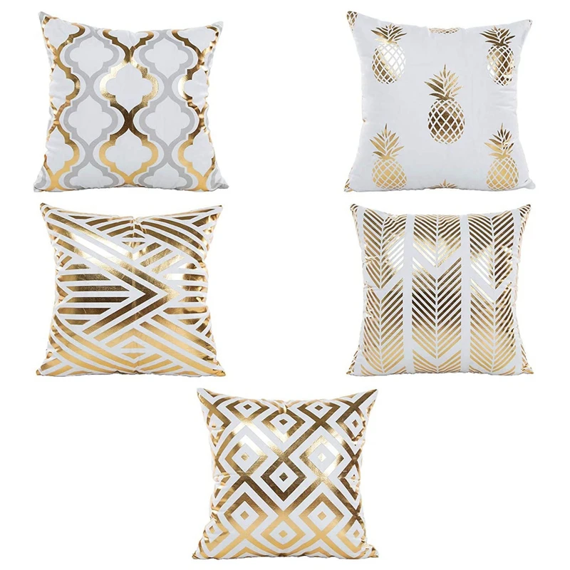 

Newest 5Pcs Gold Foil Stamping Pillow Case Striped Pineapple Shiny Cushion Cover Decor