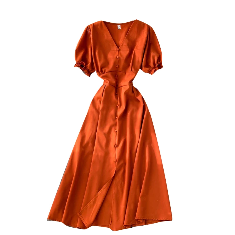 French Puff Sleeve Dress Elegant V-neck Double-Breasted Waist Hugging Slimming Mid-length Cardiac Split Expansion Skirt A- Line
French Puff Sleeve Dress Elegant V-neck Double-Breasted Waist Hugging Slimming Mid-length Cardiac Split Expansion Skirt A- Line