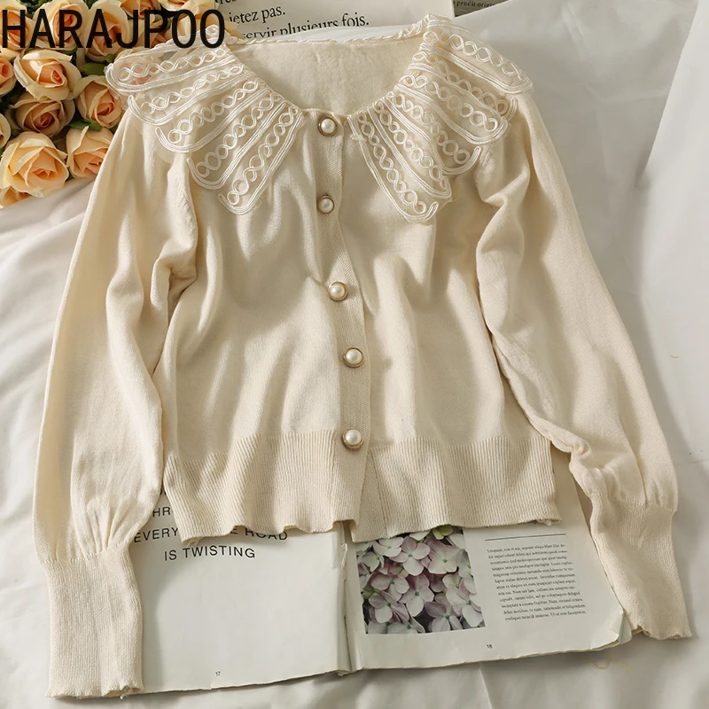 Harajpoo Cardigans Women Retro Mesh Stitch Doll Collar Single Breaste Knit Sweater Autumn Loose Thin Long Sleeve Crop Clothing
Harajpoo Cardigans Women Retro Mesh Stitch Doll Collar Single Breaste Knit Sweater Autumn Loose Thin Long Sleeve Crop Clothing