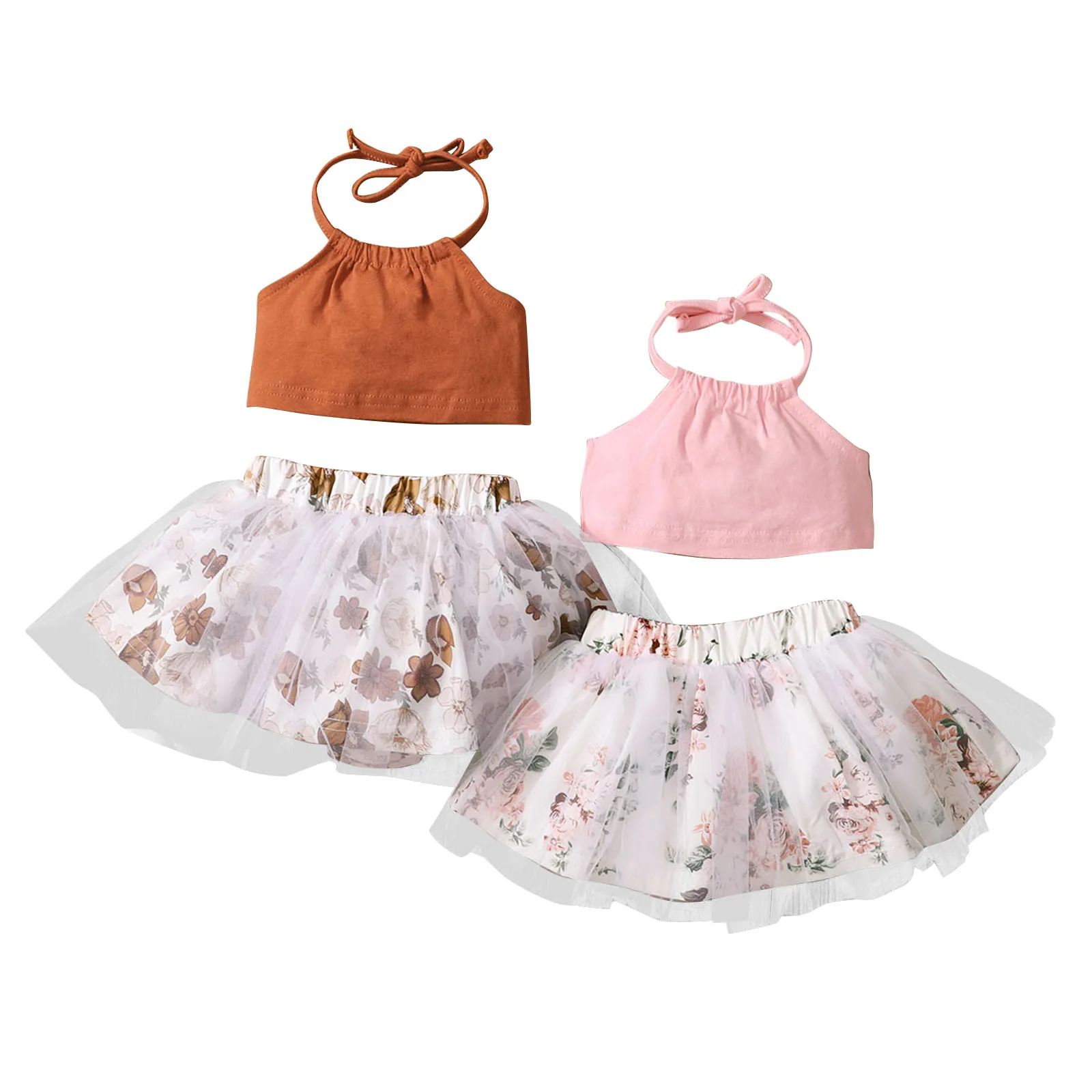 2Pcs Sweet Style Baby Girls Outfit Summer Solid Color Sleeveless Hanging Neck Short Tops + Floral Printing Mesh Skirt Set
2Pcs Sweet Style Baby Girls Outfit Summer Solid Color Sleeveless Hanging Neck Short Tops + Floral Printing Mesh Skirt Set