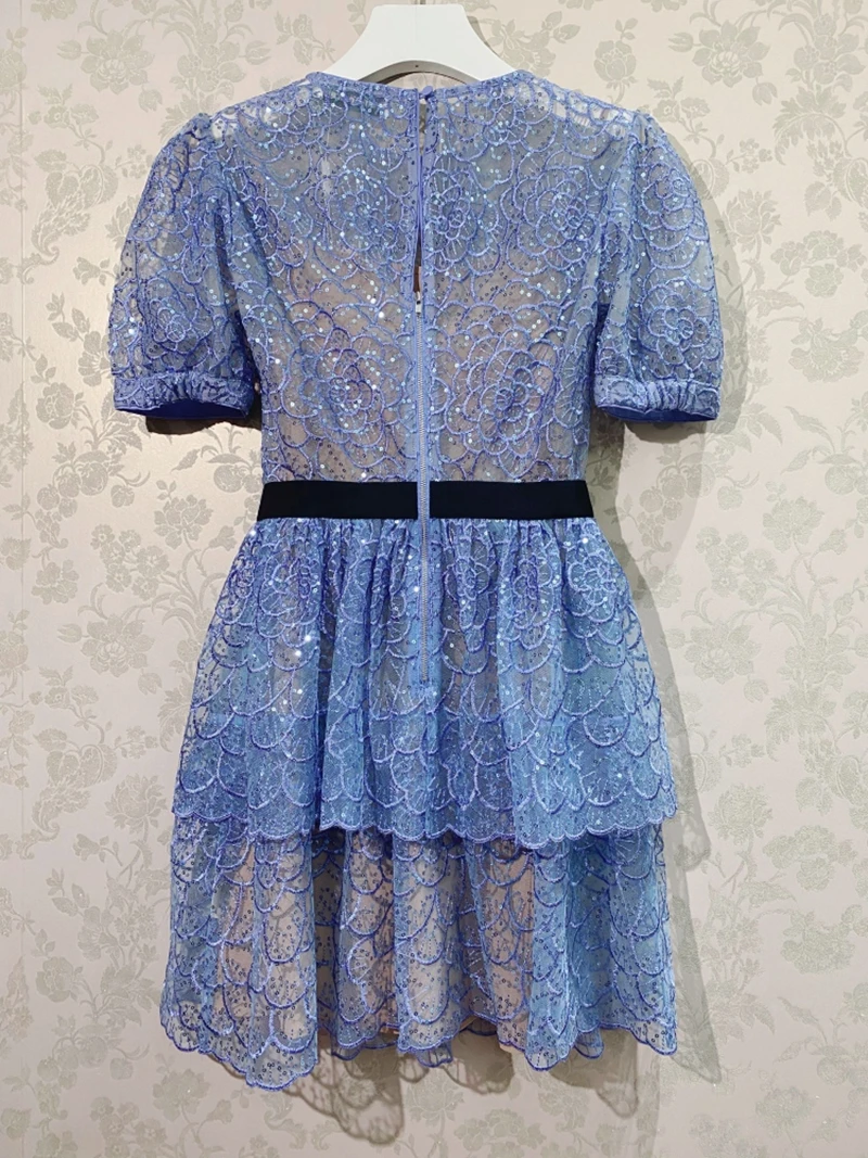 High Quality Woman Blue Embroidered Short Dresses 2021 
High Quality Woman Blue Embroidered Short Dresses 2021