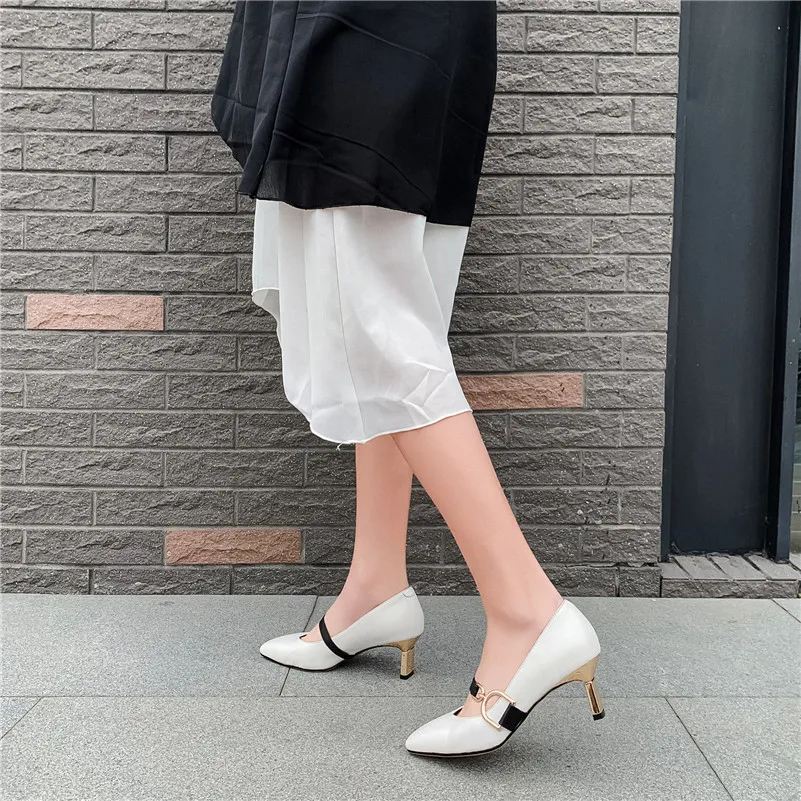 ANNYMOLI High Heels Women Shoes Natural Genuine Leather Block High Heels Mary Janes Shoes Cow Leather Square Toe Pumps Female 39