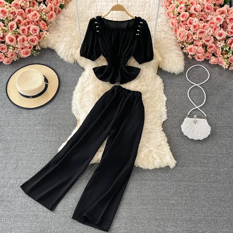 Sexy Black Crop Top Long Pant Two Piece Set Women Summer Square CollarTops Wide Leg Pants Party 2 Piece Sets femme
Sexy Black Crop Top Long Pant Two Piece Set Women Summer Square CollarTops Wide Leg Pants Party 2 Piece Sets femme