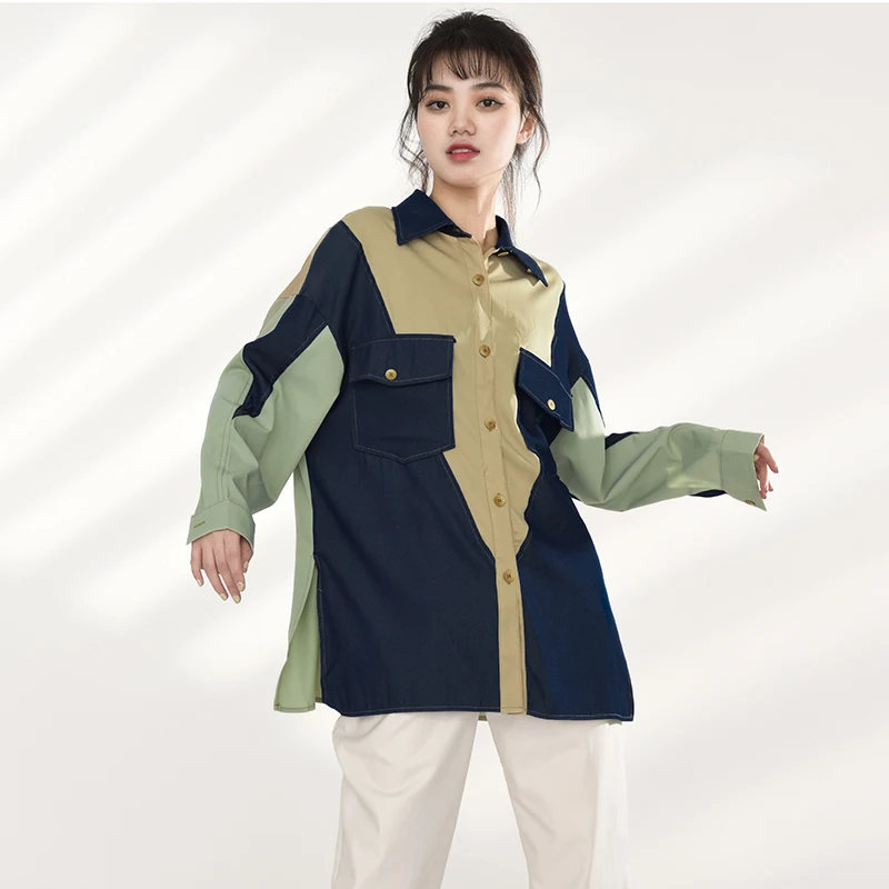Denim Women Blue Contrast Color Big Size Blouse New Lapel Long Sleeve Loose Fit Shirt Fashion Spring Autumn 2021 1DC01106
Denim Women Blue Contrast Color Big Size Blouse New Lapel Long Sleeve Loose Fit Shirt Fashion Spring Autumn 2021 1DC01106