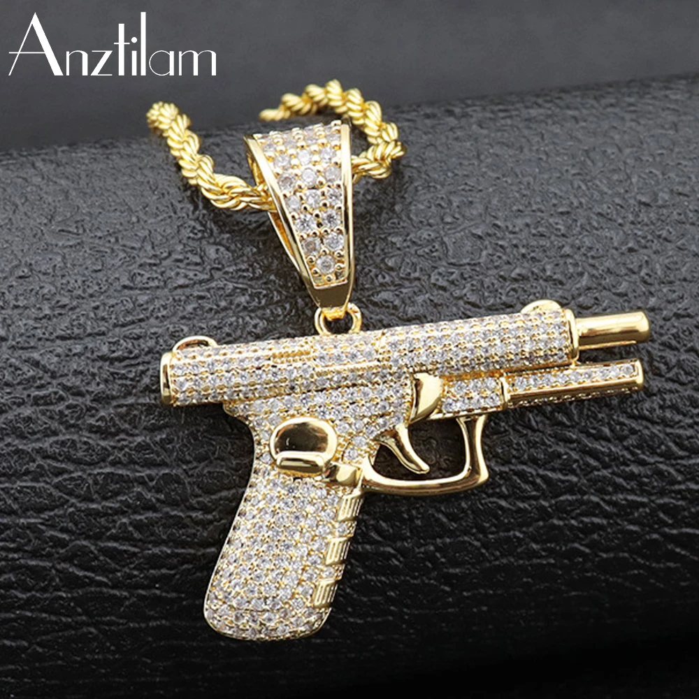 

В стиле «хип-хоп» золото Цвет AAA CZ камнем Bling из пистолета Форма Подвески льдом Цепочки и ожерелья для Для мужчин, реперские кепки ювелирных и...