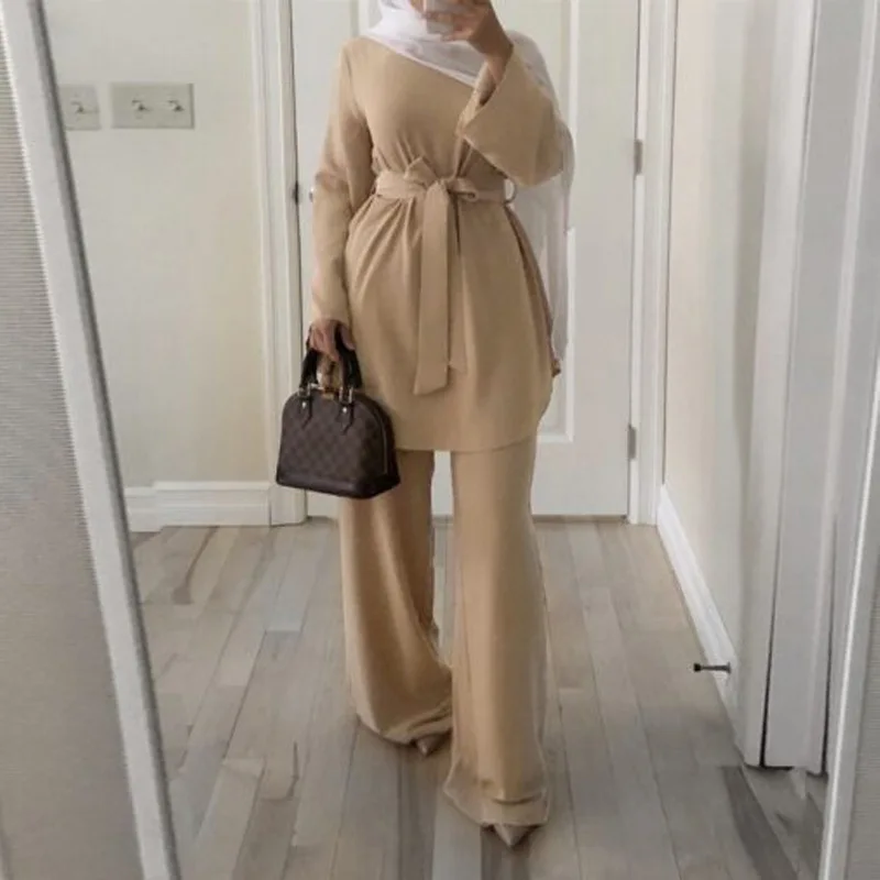 

Women Muslim Summer 2 Piece Outfits Set Long Sleeve Belted Tunic Tops Wide Leg Loose Pants Solid Color Dubai Kaftan Hijab Turkis