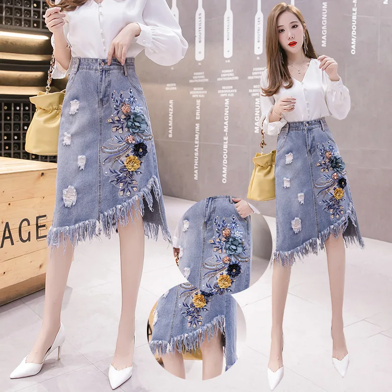 2020 spring new denim skirt mid-length skirt Korean version of three-dimensional flower tassel hole fashion irregular skirt
2020 spring new denim skirt mid-length skirt Korean version of three-dimensional flower tassel hole fashion irregular skirt