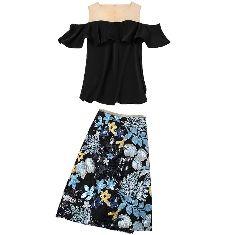 2020 New off shoulder black ruffled top and embroidery sequined skirt woman runway design two piece sets woman
2020 New off shoulder black ruffled top and embroidery sequined skirt woman runway design two piece sets woman