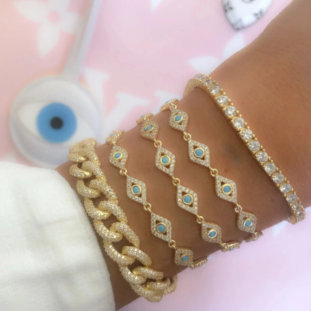 

15+4cm gold filled micro pave cz lovely turkish evil eye charm beads linked bracelet for girl women fashion jewelry