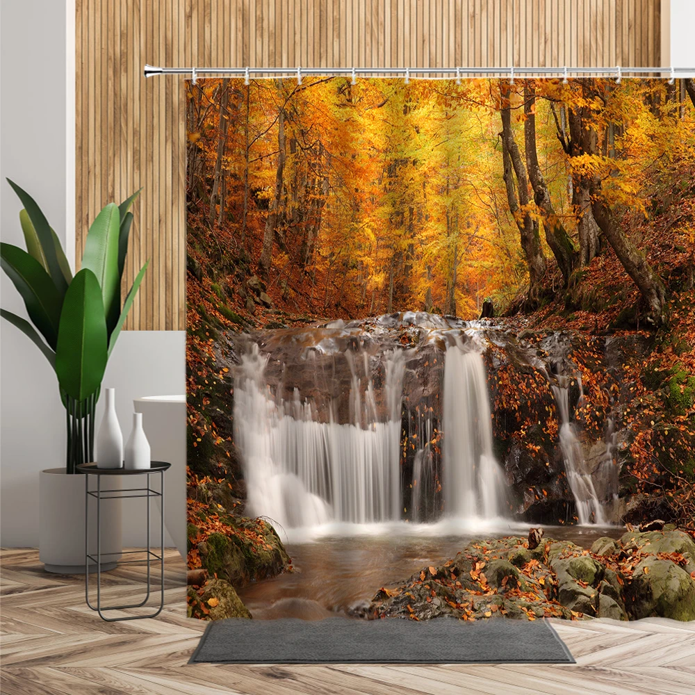 

3D Waterfall Landscape Shower Curtain Parrot Maple Tree Forest Bathroom Decors Autumn Woods Scenery Waterproof Bath Curtains Set