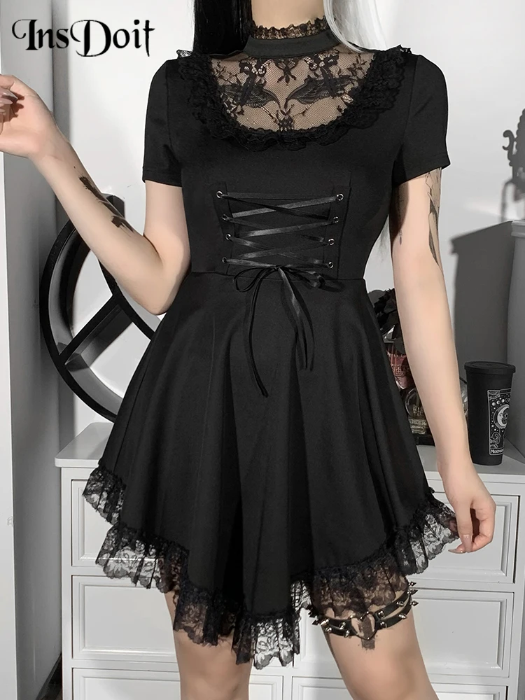 InsDoit Gothic Hollow Out Lace Black Dresses Women Short Sleeve Lace Up Sexy Assymmetric Corset Dress Partywear High Waist Dress
InsDoit Gothic Hollow Out Lace Black Dresses Women Short Sleeve Lace Up Sexy Assymmetric Corset Dress Partywear High Waist Dress