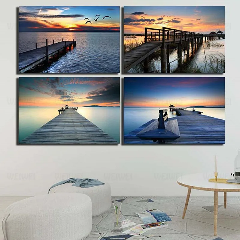 

WEIWEI Sunset Cloud Sea View Wooden Bridge And Birds Seaside Landscape Poster Prints Canvas Art Wall Painting Living Room Decal