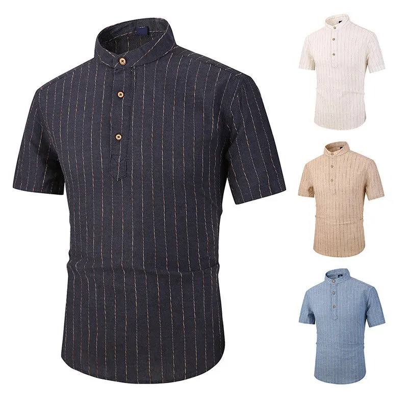 2021 Summer Men's Fashion Black Hemp Shirts Slim-fit Stand Collar Striped Shirts Mens Work Casual Clothing 
2021 Summer Men's Fashion Black Hemp Shirts Slim-fit Stand Collar Striped Shirts Mens Work Casual Clothing