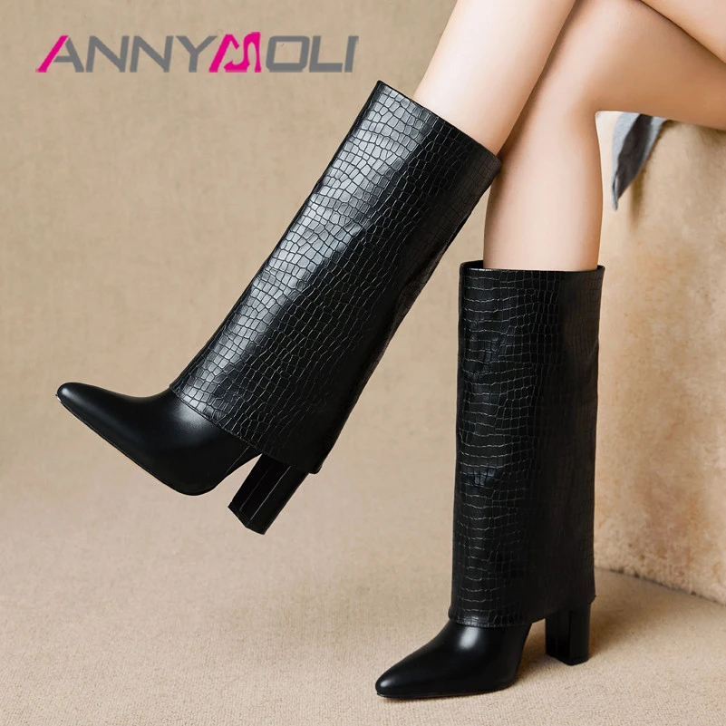 ANNYMOLI Genuine Leather High Heel Mid Calf Boots Women Boots Chunky Heel Boots Pointed Toe Ladies Shoes Autumn Winter Black 42
ANNYMOLI Genuine Leather High Heel Mid Calf Boots Women Boots Chunky Heel Boots Pointed Toe Ladies Shoes Autumn Winter Black 42