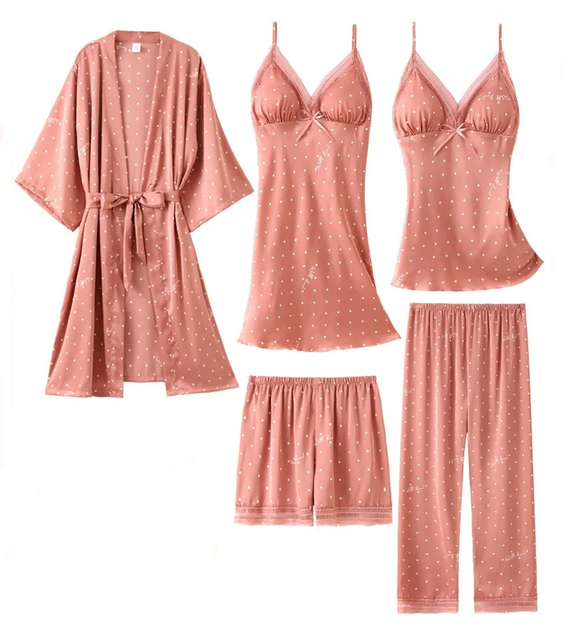 Spring New 5PCS Pajamas Sets Sexy Womens Strap Top&Pants Sleepwear Sleep Suit Casual Satin Lace Print Pijamas Intimate Lingerie 
Spring New 5PCS Pajamas Sets Sexy Womens Strap Top&Pants Sleepwear Sleep Suit Casual Satin Lace Print Pijamas Intimate Lingerie