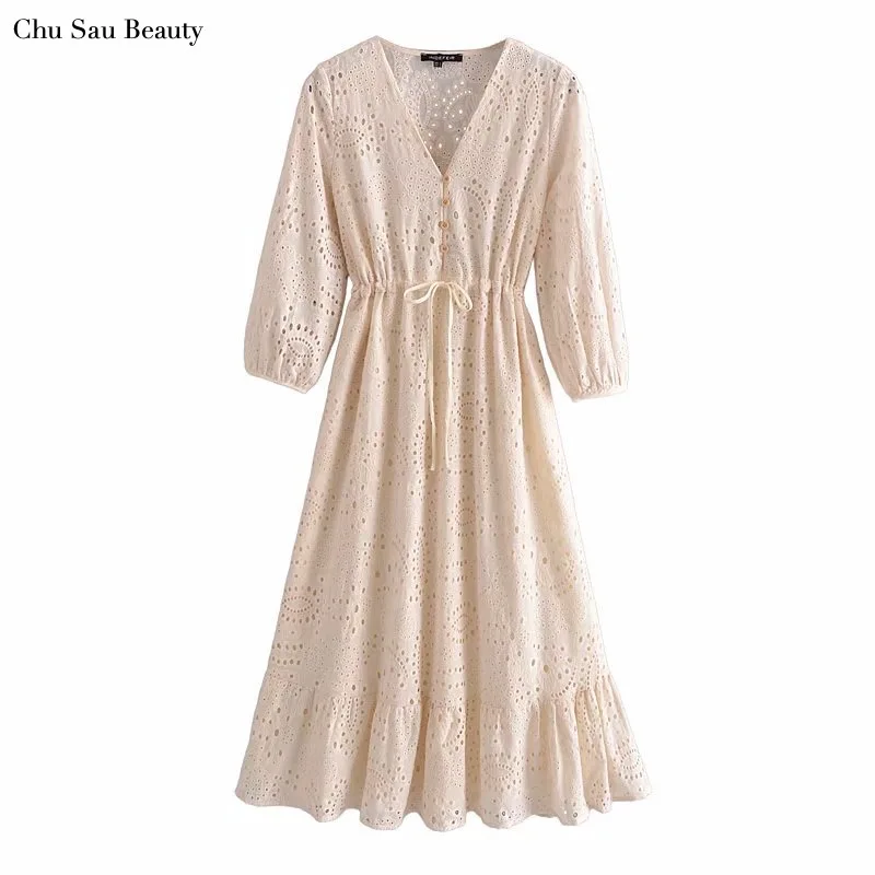 2021 Spring And Summer Women's Clothing V-neck Hollow Embroidered Puff Sleeve Dress, Drawstring Waist Hem, Ruffled Long Skirt
2021 Spring And Summer Women's Clothing V-neck Hollow Embroidered Puff Sleeve Dress, Drawstring Waist Hem, Ruffled Long Skirt