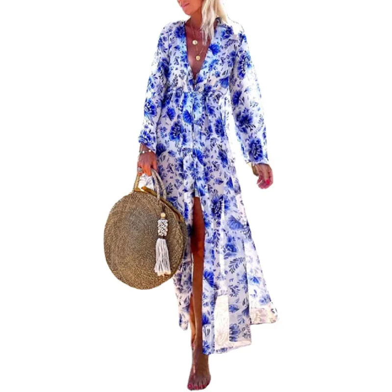 Blue Summer Women's Beach Dress Cover up Bikini Printed Swimwear White Long Dress Sexy V neck Lace Up Plus Size Beach Wrap
Blue Summer Women's Beach Dress Cover up Bikini Printed Swimwear White Long Dress Sexy V neck Lace Up Plus Size Beach Wrap