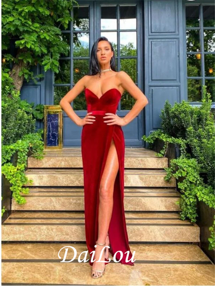 A-Line Sexy Strapless Burgundy Red Sweetheart Velvet Split FrontFloor-length Prom Dress 2021 
A-Line Sexy Strapless Burgundy Red Sweetheart Velvet Split FrontFloor-length Prom Dress 2021