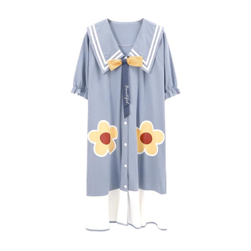 Blue Flower Knee-length Kawaii Loose Summer Fashion Nightdress Stes Women Cartoon Cotton Short Sleeve Sweet Princess Sleep Dress
Blue Flower Knee-length Kawaii Loose Summer Fashion Nightdress Stes Women Cartoon Cotton Short Sleeve Sweet Princess Sleep Dress