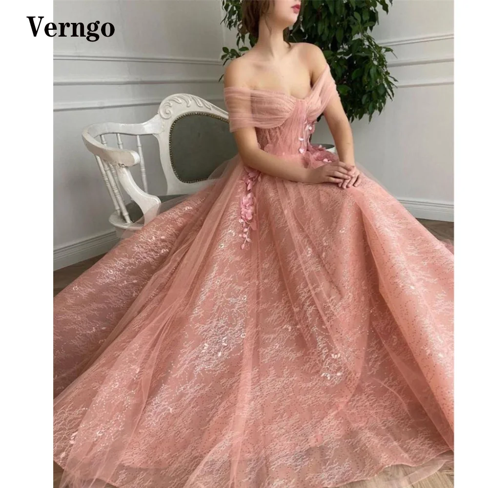 Verngo Blush Pink Lace 3D Flowers A Line Prom Dresses Off the Shoulder Sleeves Sweep Train Evening Gowns Formal Occasion Dress
Verngo Blush Pink Lace 3D Flowers A Line Prom Dresses Off the Shoulder Sleeves Sweep Train Evening Gowns Formal Occasion Dress