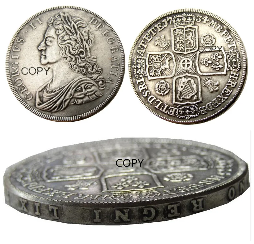 

UF(83) большая Великобритания 1734 Джордж II одна Корона Посеребренная буква края КОПИЯ монета