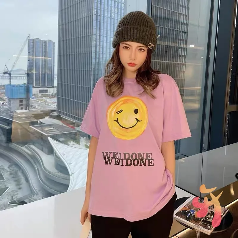 

Men Women WELLDONE T-shirt High Quality Sunshine Smiley Double-layer Letter Print Tops Oversize Welldone Fashion Casual Tshirts
