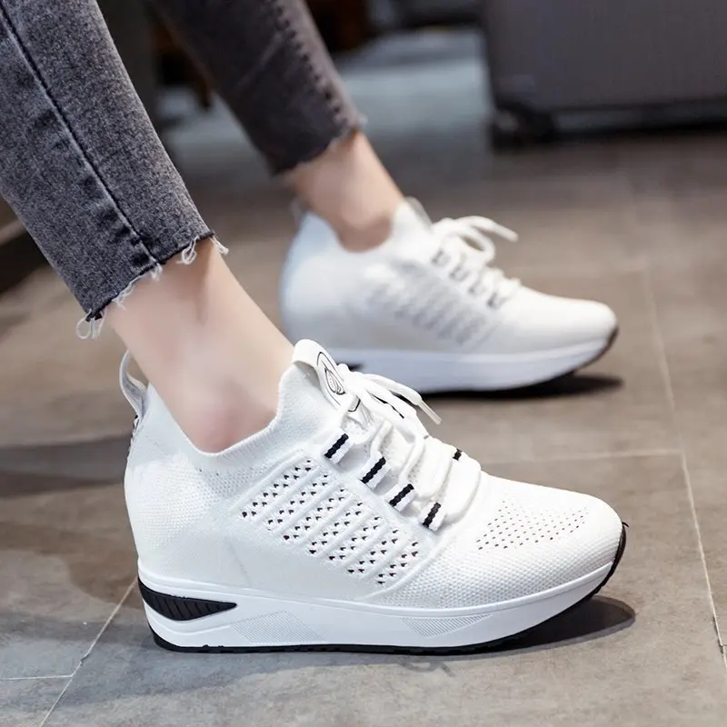 

New Women Sock Shoes Platform Sneakers Breathable Mesh Height-increasing Lace up Chunky Shoes Female Casual Flats Walking Shoesd
