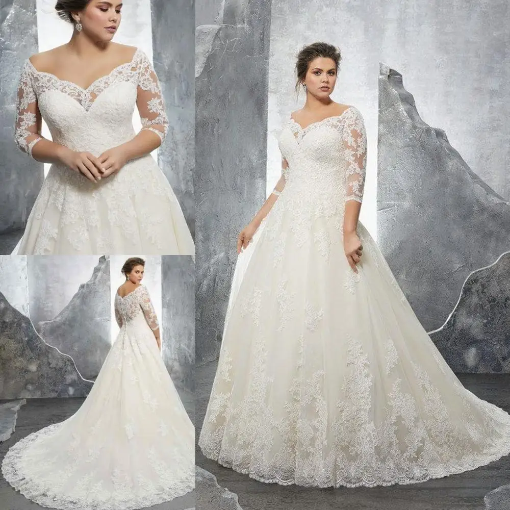 

Plus Size Wedding Dress A-line Off Shoulder Half Sleeve Long Ivory Vestido De Novia Elegant Lace Appliques 2020