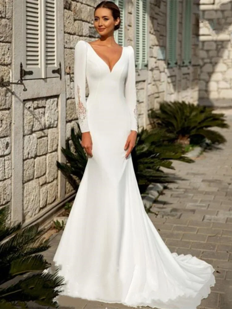 Sexy Mermaid Wedding Dresses Lace V Neck Long Sleeves Satin Elegant Wedding Gowns Robe De Mariee Sweep Train Bride Gown
Sexy Mermaid Wedding Dresses Lace V Neck Long Sleeves Satin Elegant Wedding Gowns Robe De Mariee Sweep Train Bride Gown