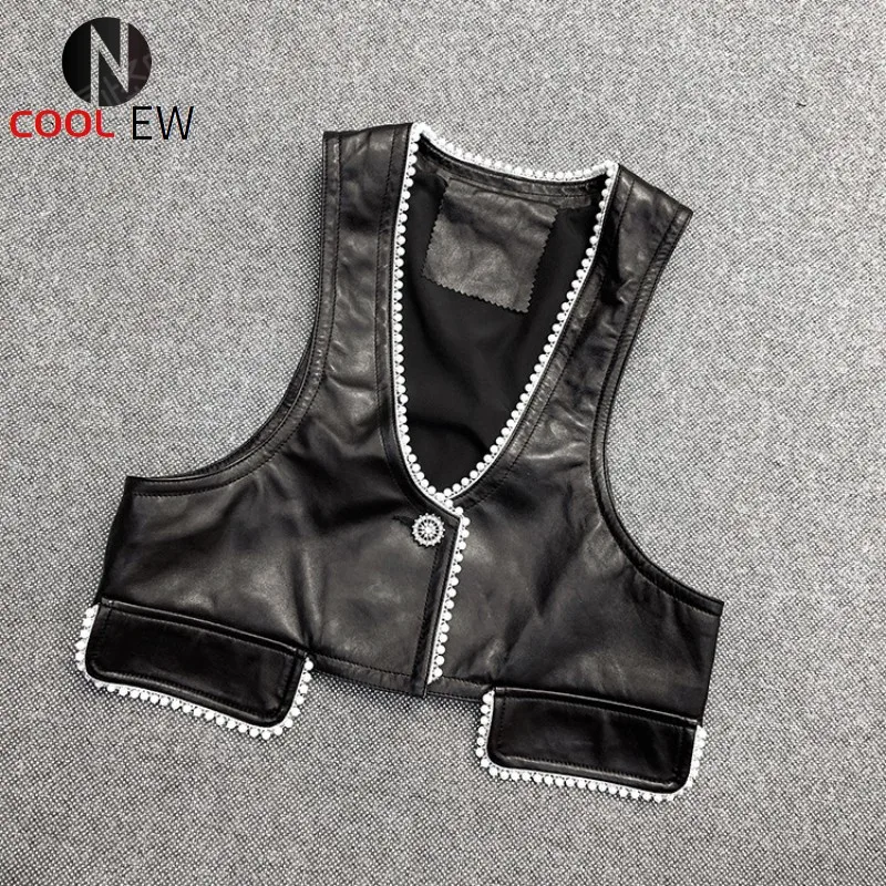 

2021 New Women Deep V Neck Short Vest Tops Sleeveless Sheepskin Genuine Leather Vests Vintage Crystal Button Pearls Waistcoat